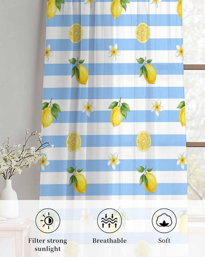 Summer Fruit Sheer Curtains 48 Inches Long 2 Panels Set, Watercolor Yellow Lemon Rustic Flower Plate Blue Stripes Chiffon Sheer Backdrop Curtains Sheer Curtain Panels for Bedroom Living Room 52x45in