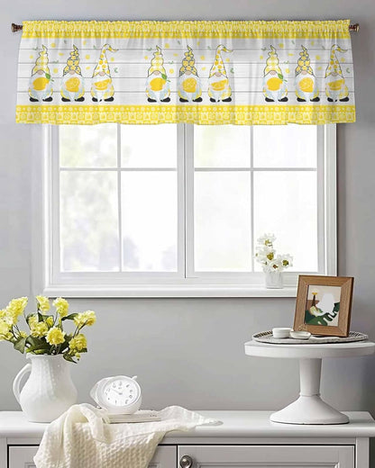 Sheer Valances for Windows Lemon and Gnomes Window Valances Rod Pocket Yellow Check Plaid Wood Grain Window Treatment Sheer Curtains for Kitchen Living Room Bedroom Bathroom 54x18in
