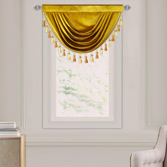 VOGOL Gold Velvet Kitchen Valance Curtains, Vintage Style Light Filtering Window Treatment for Bedroom, 30 Inches Wide Rod Pocket Waterfall Valance Drapes for Living Room, 1 Panel