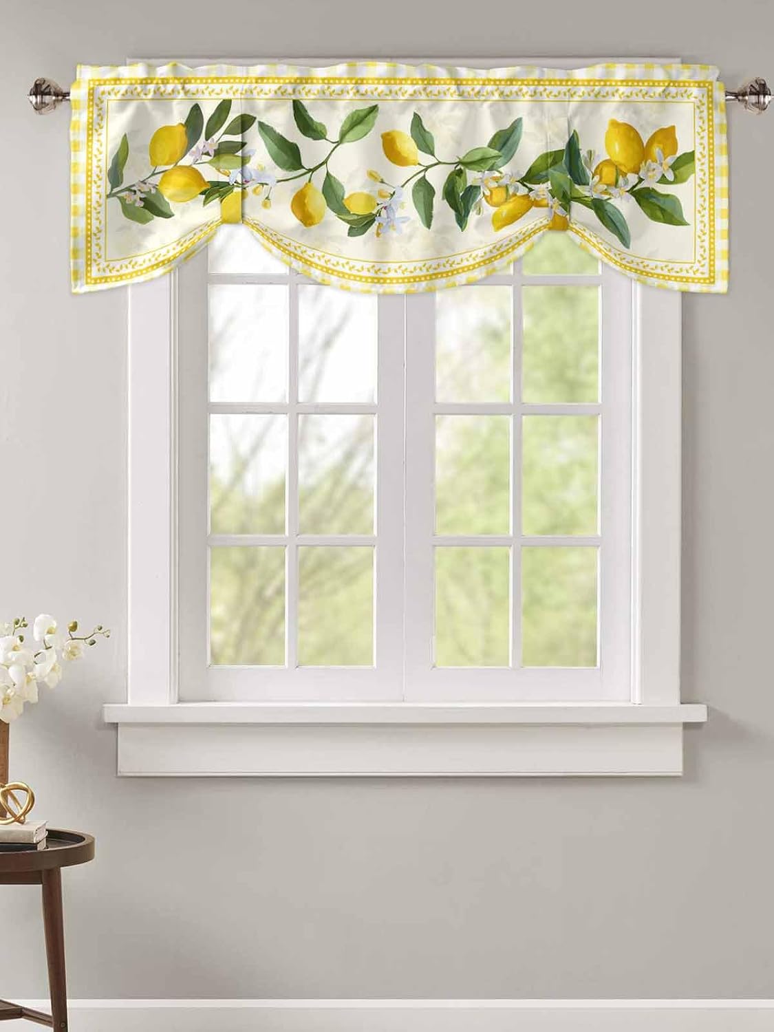 Semi-Sheer Kitchen Valances for Windows, Adjustable Tie Up Valances Curtains Light Filtering, Summer Fruit Lemon Plant Leaves Farmhouse Buffalo Plaid Check Elegant Window Toppers Valances 42x12in