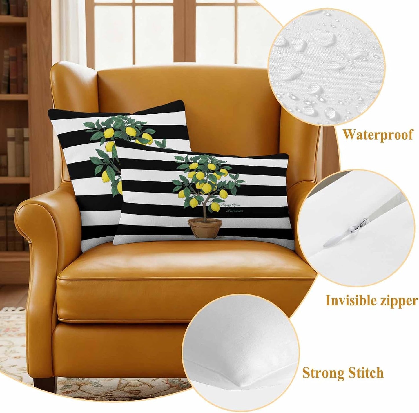 Summer Lemons Outdoor Waterproof Pillow Covers Set of 2, Yellow Fruit Leaf Black White Striped Abstract Pillowcase Decorative Throw Cushion Cases for Patio Garden Couch 18 x 18 Inches