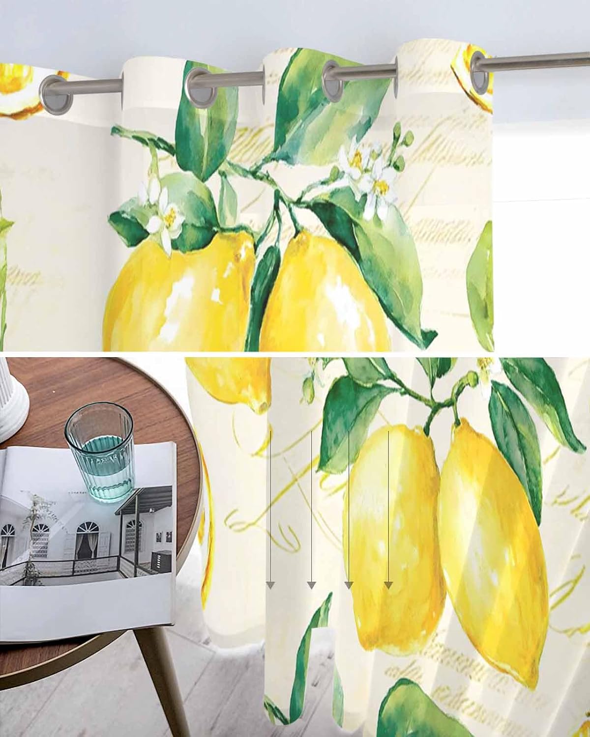 Yellow Lemon Sheer Curtains 90 Inch Length 2 Panels Set Summer Fruit Green Retro Farmhouse Leaf Curtain Drapes for Kitchen/Bedroom/Living Room/Doorway/Sliding Glass Door/Bathroom Window Panel 52x90