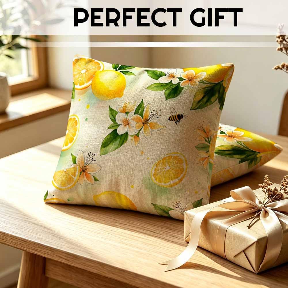Fresh Lemon and Flower Linen Throw Pillow Covers 18x18 Inches Vibrant Fruit Blossom Decorative Cushion for Summer and Fresh Aesthetic Fans, Living Room and Bedroom