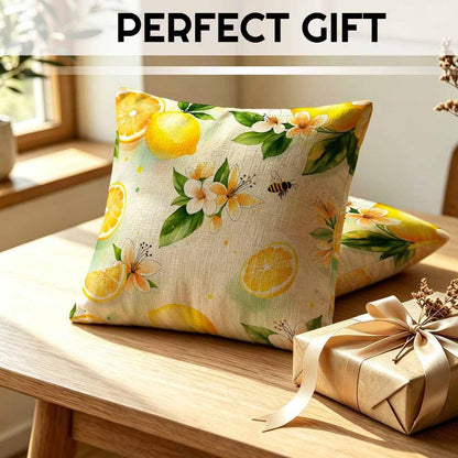 Fresh Lemon and Flower Linen Throw Pillow Covers 18x18 Inches Vibrant Fruit Blossom Decorative Cushion for Summer and Fresh Aesthetic Fans, Living Room and Bedroom
