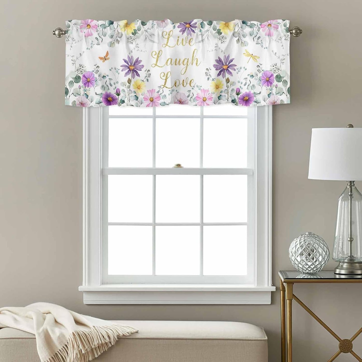 Prime Leader Purple Yellow Flowers Valances Curtain for Windows Spring Floral Eucalyptus Leaf Laugh Love Live Valance Rod Pocket Short Curtains for Kitchen Bathroom Living Room Bedroom, 42" W x 12" L