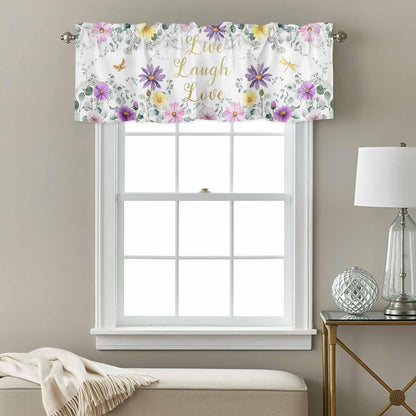 Prime Leader Purple Yellow Flowers Valances Curtain for Windows Spring Floral Eucalyptus Leaf Laugh Love Live Valance Rod Pocket Short Curtains for Kitchen Bathroom Living Room Bedroom, 42" W x 12" L