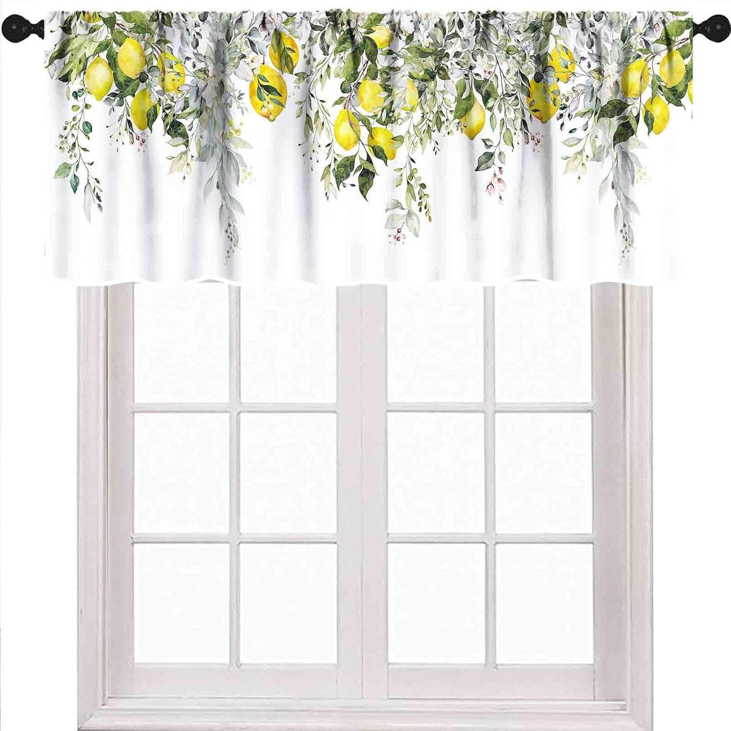 Yellow Lemon Curtains Valance for Kitchen,Eucalyptus Botanical Leaves Herb Plant Floral Fruit Rural Farmhouse Spring Summer Window Valance for Bedroom Living Room Bathroom 1 Piece,54x18 Inch