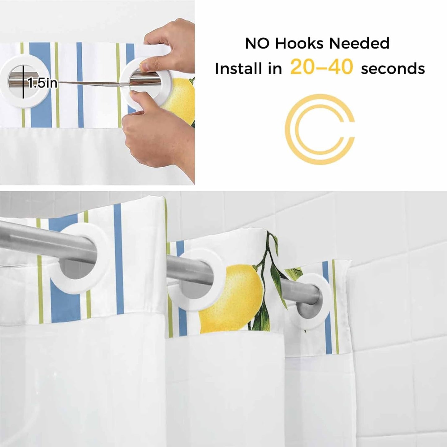 QueenKer Lemon Striped Shower Curtains Set Yellow Fruit Blue White No Hook Shower Curtains with Snap in Liner 72" x 72" Waterproof Fabric See Through Top Sheer Window for Bathroom Shower Room