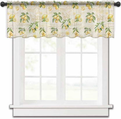 Yellow Lemons Valance Curtains for Kitchen/Living Room/Bathroom/Bedroom Window, Summer Botanical Fruit Leaves Country Rod Pocket Small Topper Half Short Window Curtains Voile Sheer Scarf, 54"x18"
