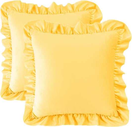 MOJUN Ruffled Throw Pillow Covers 18x18 Inch Set of 2, Velvet Farmhouse Decorative Pillowcases with Ruffles Square Cushion Pillow Covers for Sofa Couch Bed Living Room, Yellow