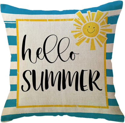 ULOVE LOVE YOURSELF Hello Summer Decorative Pillow Cover Blue Stripes with Sunshine Design Cushion Cover 18×18 Farmhouse Summer Holiday Seasonal Decorations for Sofa Couch Porch (Blue/Yellow)