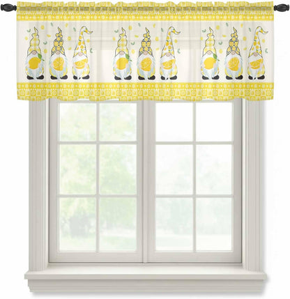 Sheer Valances for Windows Fruit Lemon Gnome Window Valances Rod Pocket Farmhouse Green Leaves Yellow Window Treatment Sheer Curtains for Kitchen Living Room Bedroom Bathroom 54x18in