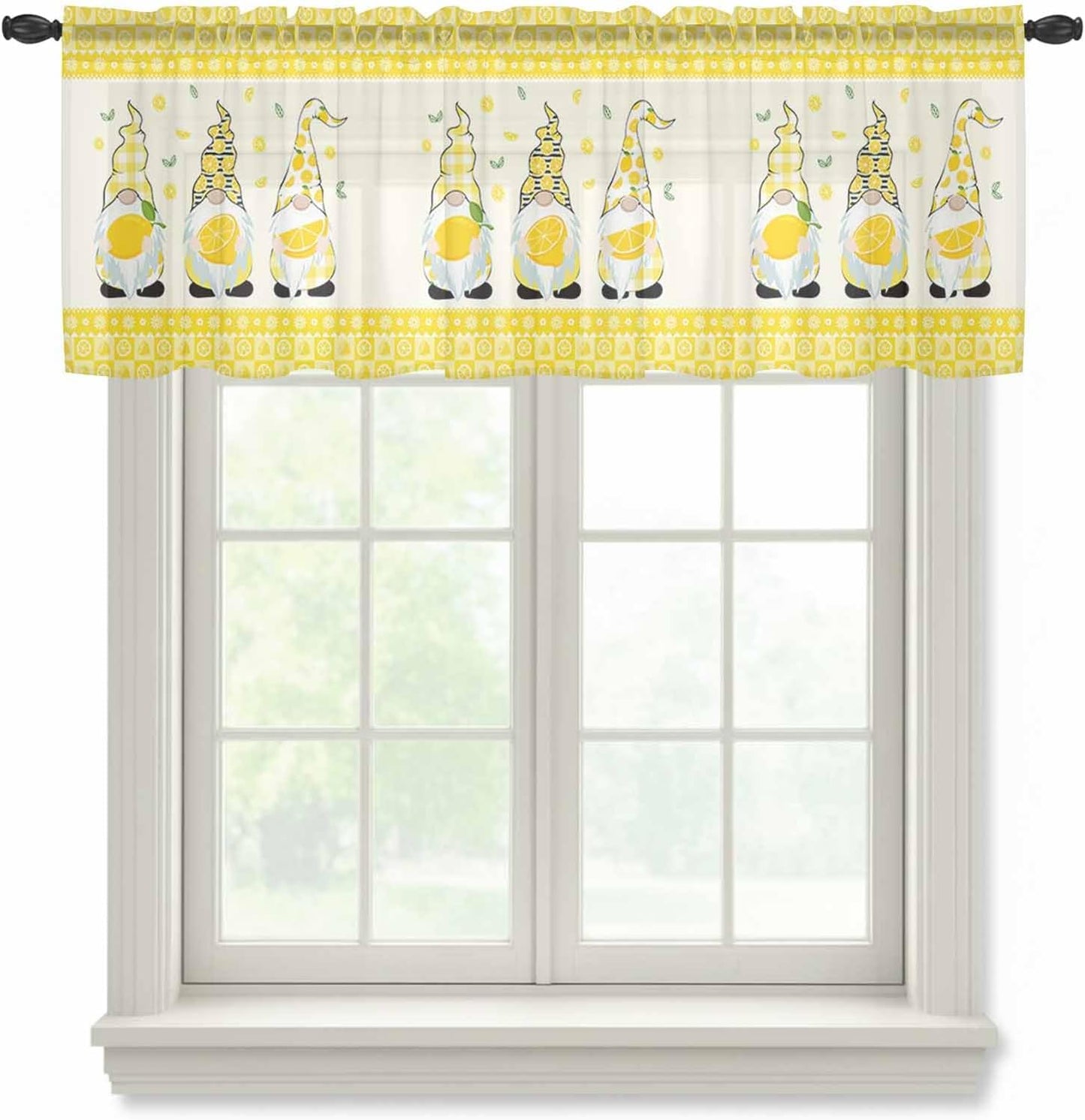 Sheer Window Valance Fruit Lemon Gnome Semi Voile Short Curtain Rod Pocket Farmhouse Green Leaves Yellow Valances Window Treatment for Bedroom Living Room Kitchen 54x18in