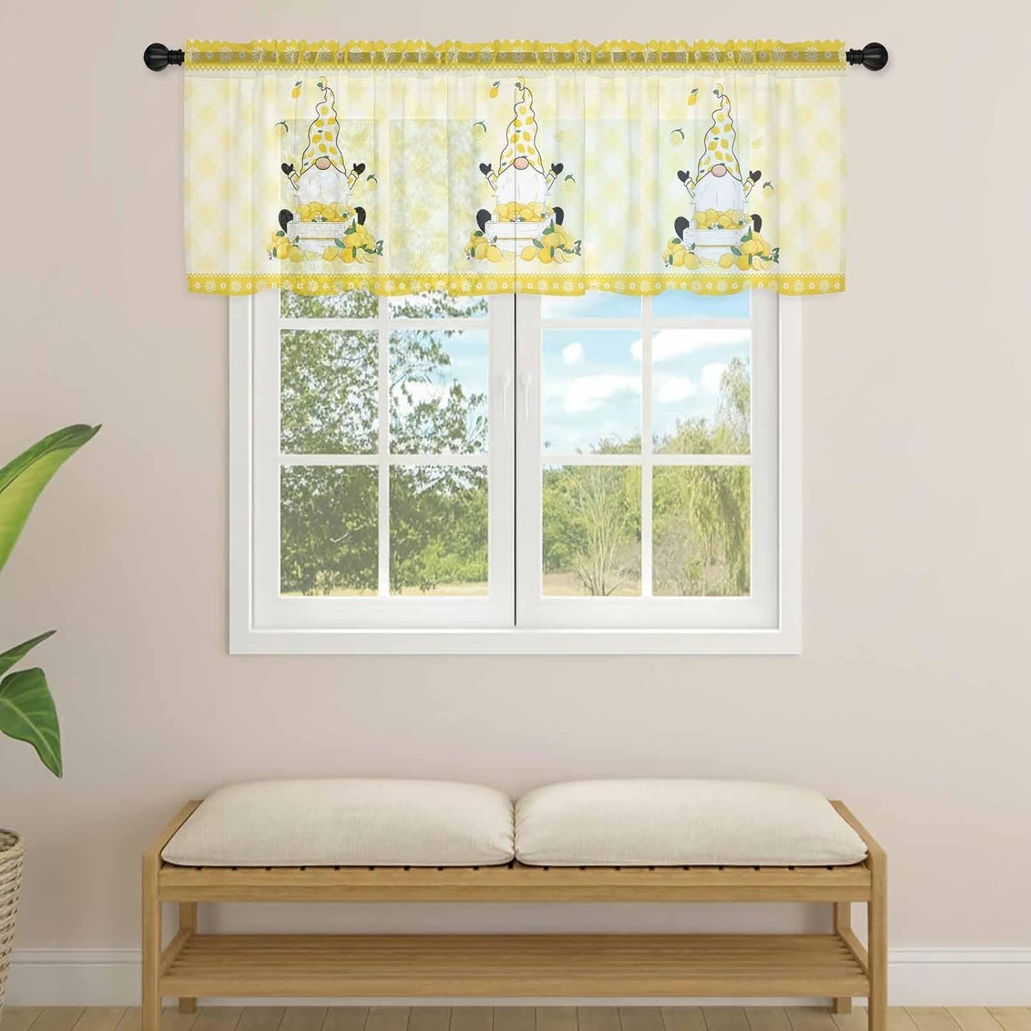 Lemon Gnomes Sheer Curtains Valances for Windows Summer Botanical Fruit Leaf Yellow Lattices Chiffon Kitchen Valances for Cafe, Voile Window Treatments Curtains for Living Room Bedroom, 54"x18"
