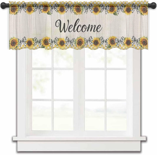 Sunflower Sheer Valance Curtains, Welcome Bow Yellow Buffalo Plaid Rustic Linen Light Filtering Kitchen Valances Rod Pocket Short Voile Curtains for Bedroom/Living Room/Basement 42Wx12L