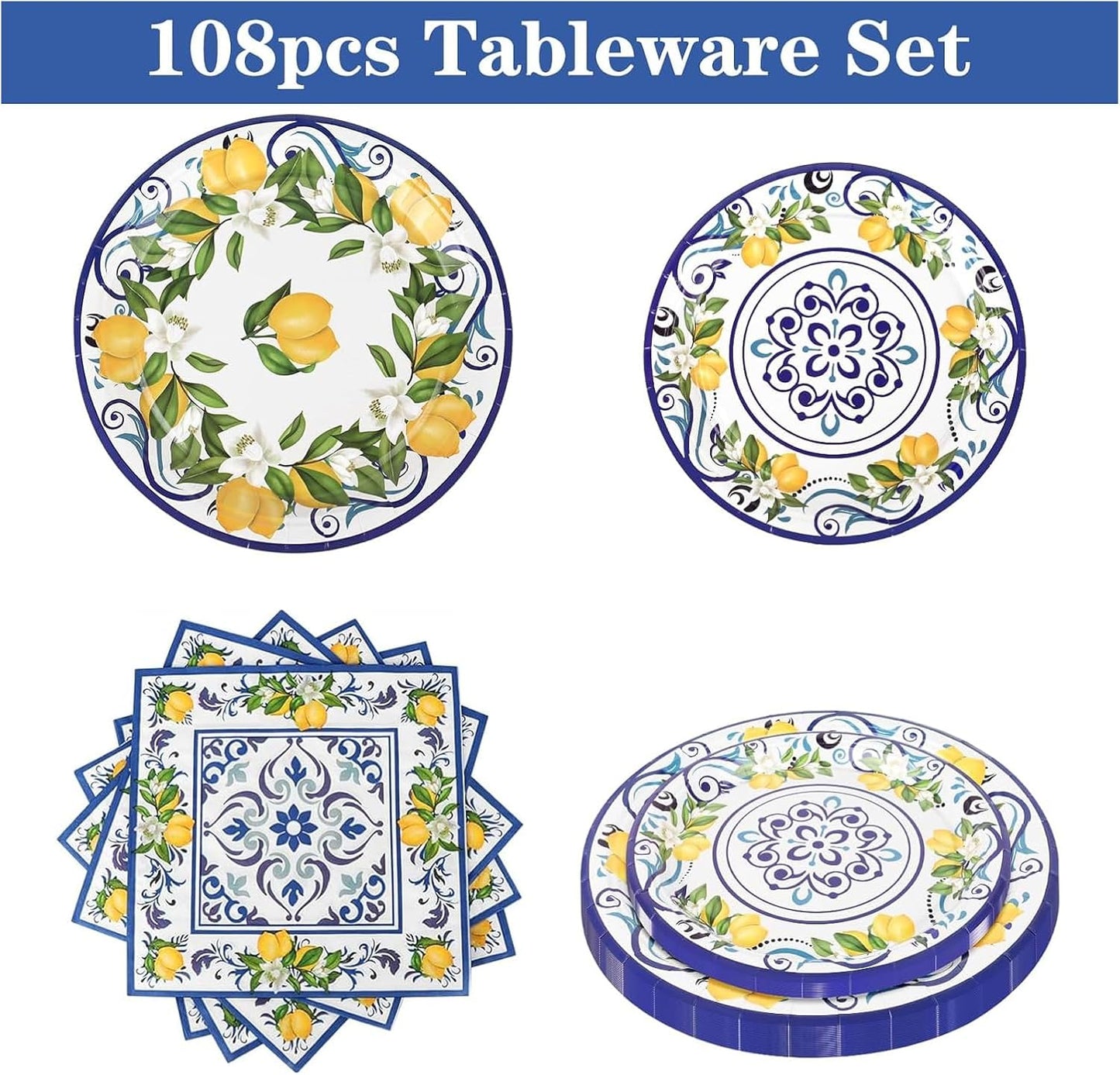 108Pcs Lemon Party Plates Supplies Disposable Lemon Paper Plate and Napkins for Summer Party Yellow Lemons Party Plates Supplies for Kids Birthday Baby Shower, Serves 36