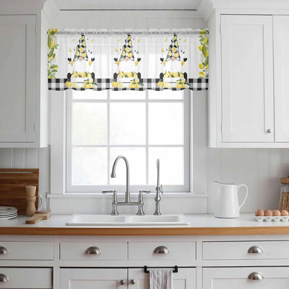 Lemon Gnomes Sheer Curtains Valances for Windows Summer Botanical Yellow Fruit Black Lattice Chiffon Kitchen Valances for Cafe, Voile Window Treatments Curtains for Living Room Bedroom, 54"x18"
