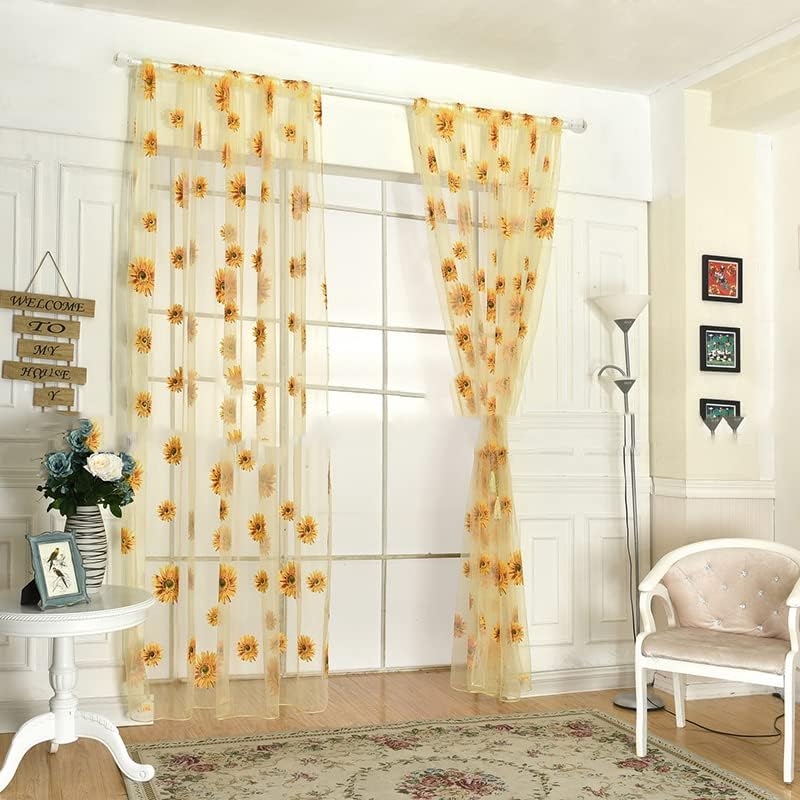 Sheer Curtains, 2PCS Sun Flower Floral Voile Sheer Curtain Soft Light Weight Window Panel 39x78in Sunflower Window Panel for Bedroom Living Room Kitchen Decor(Yellow)