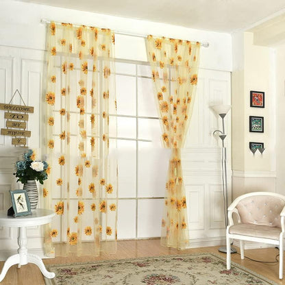 Sheer Curtains, 2PCS Sun Flower Floral Voile Sheer Curtain Soft Light Weight Window Panel 39x78in Sunflower Window Panel for Bedroom Living Room Kitchen Decor(Yellow)
