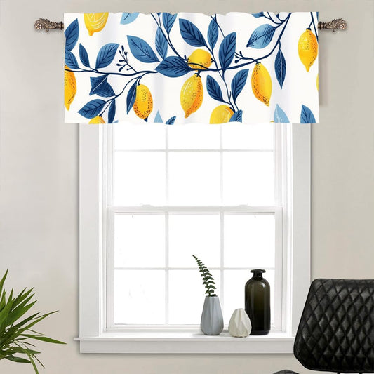 1 Panel Watercolor Lemon Blue Window Valances, Yellow Fruit Nature Window Treatment Decor Curtains Rod Pocket Valances for Kitchen/Living Room, 54" X 18"