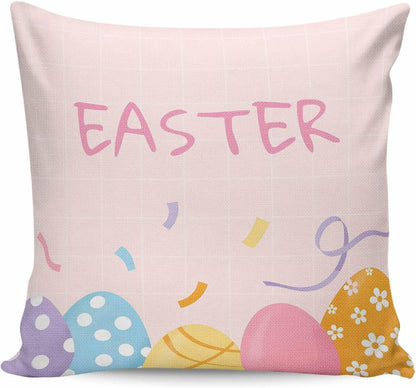 Easter Eggs Throw Pillow Cover Purple Blue Yellow Pink Eggs Light Orange Background Cotton Linen Cushion Cover Throw Pillow Case with Invisible Zipper for Couch Sofa Bed Chair Car 18x18 Inch