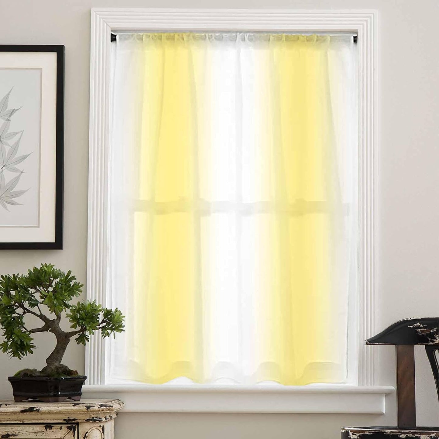 Lemon Yellow Ombre Sheer Curtains 45 Inches Long for Living Room/Bedroom, Gradient Yellow and White Rod Pocket Voile Kitchen Curtains & Drapes Window Treatment 1 Panel, 52" W x 45" L