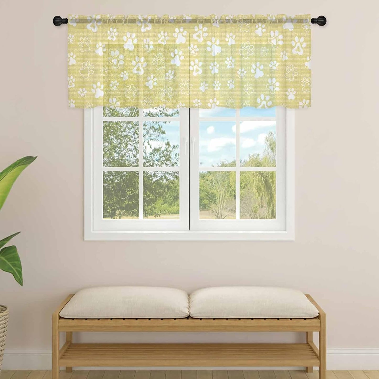 Lemon Yellow Dog Paw Sheer Curtains Valances for Windows Modern Geometric Abstract Aesthetics Chiffon Kitchen Valances for Cafe, Voile Window Treatments Curtains for Living Room Bedroom, 54"x18"