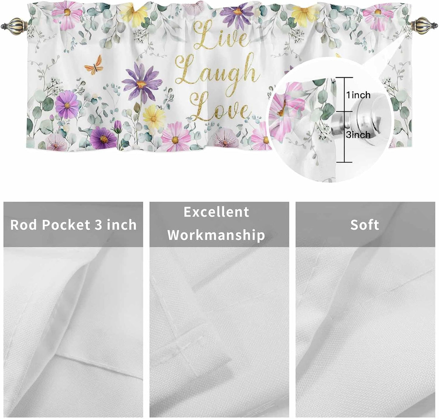 Prime Leader Purple Yellow Flowers Valances Curtain for Windows Spring Floral Eucalyptus Leaf Laugh Love Live Valance Rod Pocket Short Curtains for Kitchen Bathroom Living Room Bedroom, 42" W x 12" L