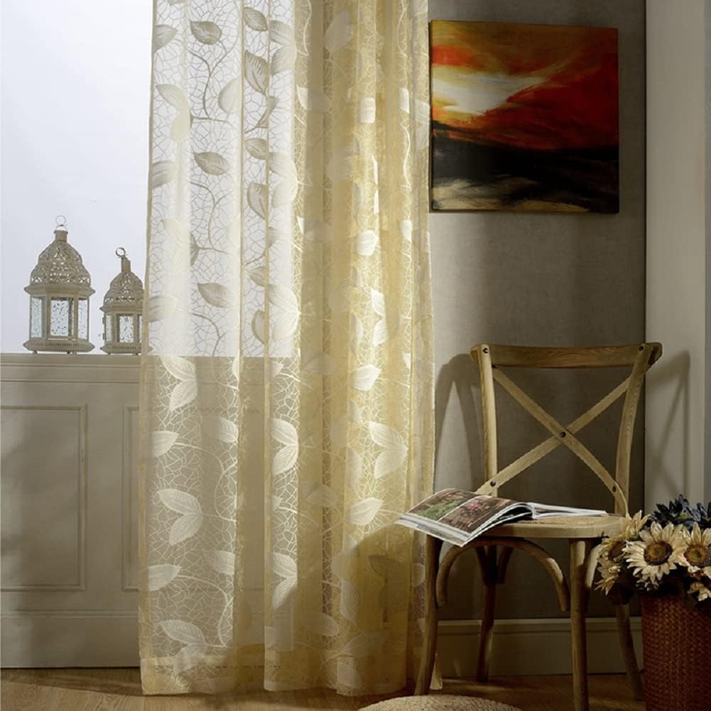 HooHero Gorgeous Sheer Curtains Voile Curtain Rod Pocket Floral Pattern Jacquard Design Lace Tulle Panel for Living Dining Room Bedroom Kitchen(1 Panel, W 52 x L 72 inch, Yellow)