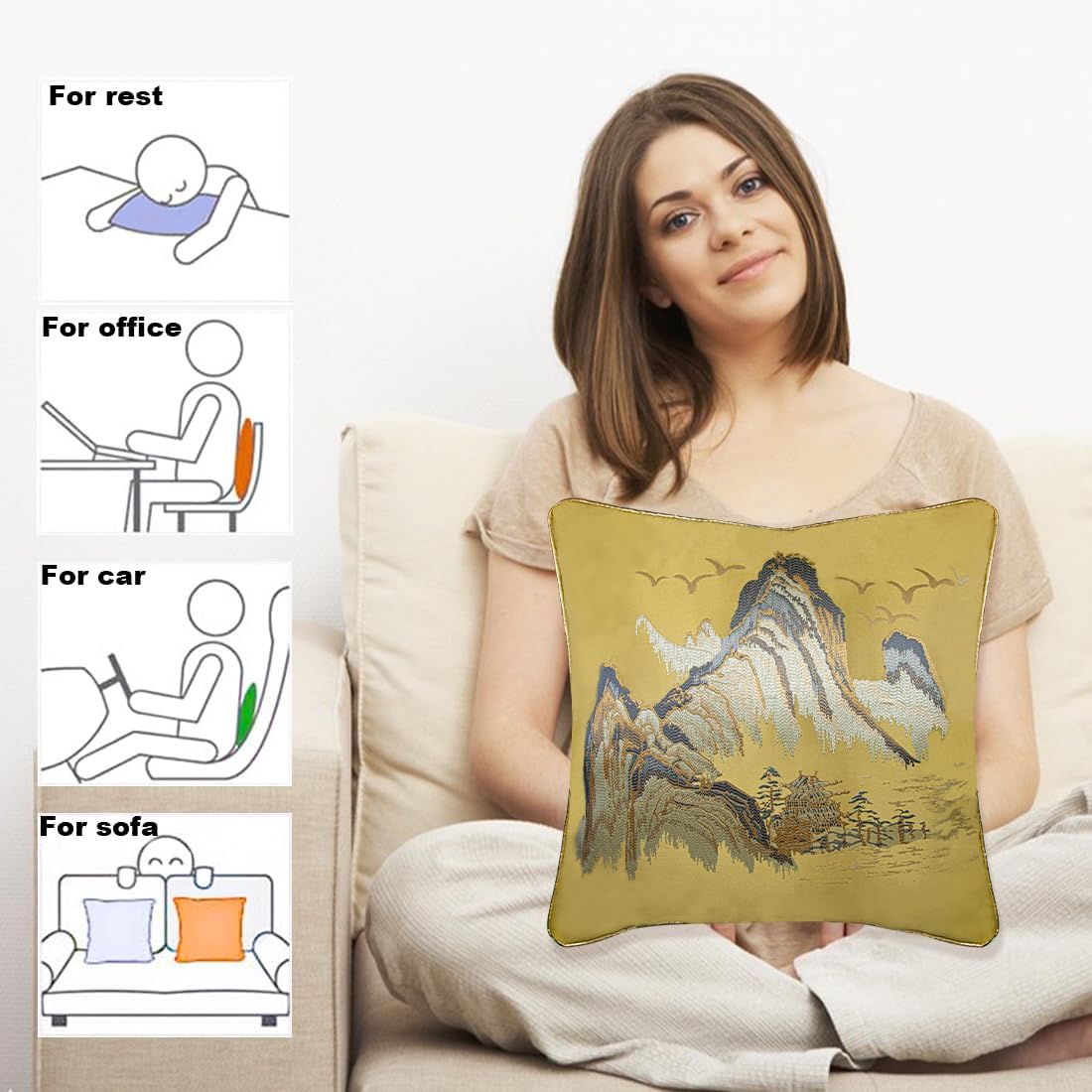 ELANE Ruffle Embroidered Decorative Pillow Covers, Floral Designs 18x18 Inch for Couch, Sofa, Bed (Yellow Landscapes)