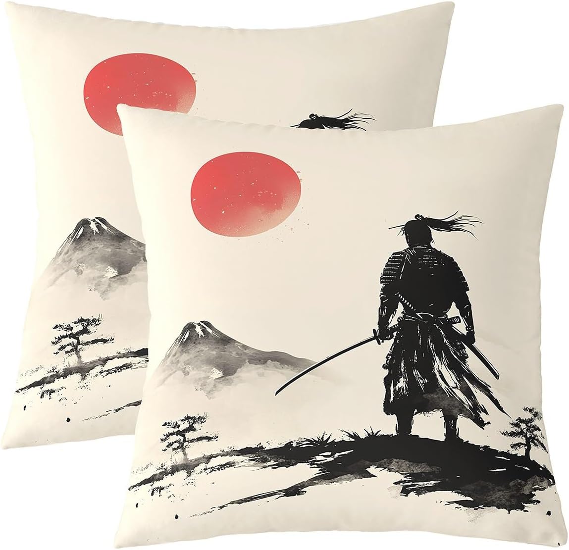 jejeloiu Samurai Throw Pillow Covers 22"x22" Set of 2 Fuji Mountain Pattern Cushion Cover for Sofa Sunset Nature Pattern Decorative Pillow Case Pillowcase Japanese-Style Outdoor Pillows Covers