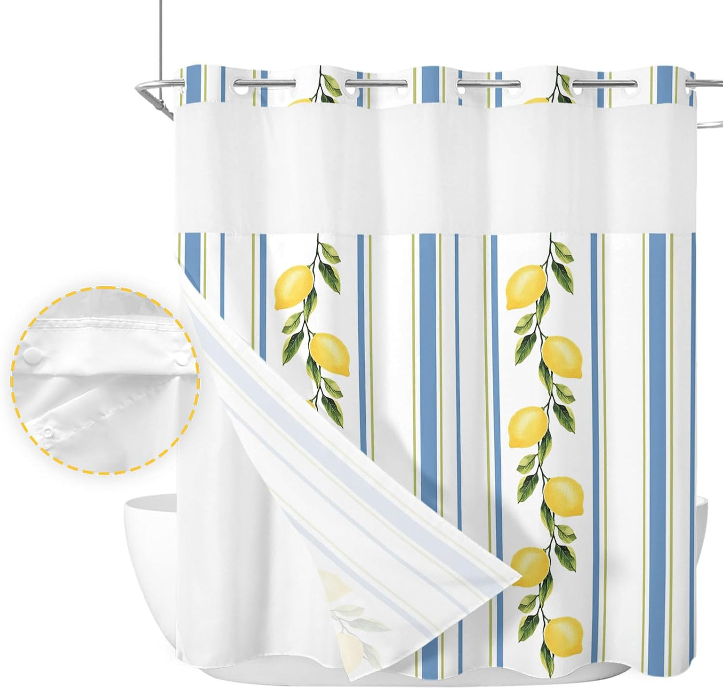 QueenKer Lemon Striped Shower Curtains Set Yellow Fruit Blue White No Hook Shower Curtains with Snap in Liner 72" x 72" Waterproof Fabric See Through Top Sheer Window for Bathroom Shower Room