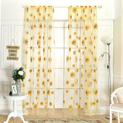 BIGEBO 2PCS Sunflower Curtains with 2 Curtain Tiebacks Rope | Rod Pocket Window Treatments W39" x L79" Yellow Sheer Window Curtains for Bedroom Living Room Kitchen Decor