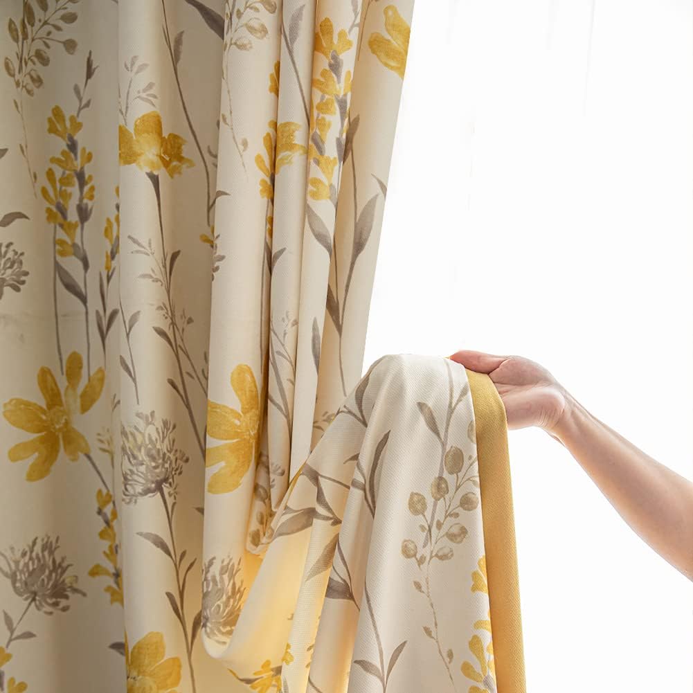 SUOUO Mustard Yellow Floral Curtain for Living Room Boho Chenille Patterned Grey Leaf 84 Inches Long Window Drapes for Bedroom Dining Sunflower 2 Panels