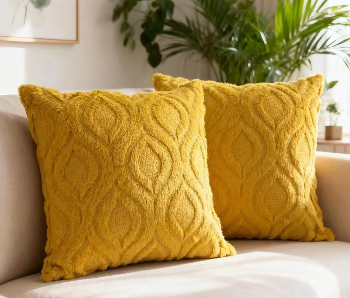 Pack of 2 Fall Decorative Throw Pillow Covers 18x18, Soft Plush Faux Fur Wool Couch Cushion Pillow Covers Cozy Boho Farmhouse Square Pillow Case for Living Room Sofa Bed Home Decor, Mustard Yellow