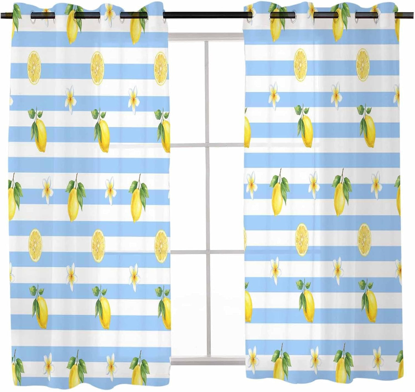 Summer Fruit Sheer Curtains 48 Inches Long 2 Panels Set, Watercolor Yellow Lemon Rustic Flower Plate Blue Stripes Chiffon Sheer Backdrop Curtains Sheer Curtain Panels for Bedroom Living Room 52x45in