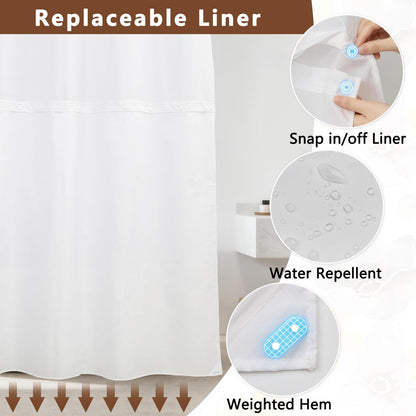 Yellow Gray Floral Shower Curtain with Snap in Liner, Waterproof Fabric No Hook Shower Curtain with See Through Window and Weighted Hem, Watercolor Flower Farmhouse Bathroom Curtains, 71x74 Inch