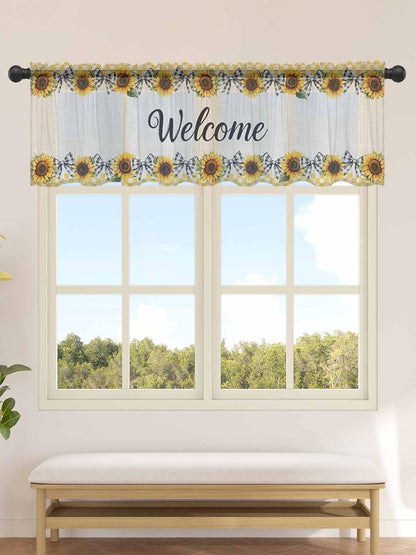 Sunflower Sheer Valance Curtains, Welcome Bow Yellow Buffalo Plaid Rustic Linen Light Filtering Kitchen Valances Rod Pocket Short Voile Curtains for Bedroom/Living Room/Basement 42Wx12L
