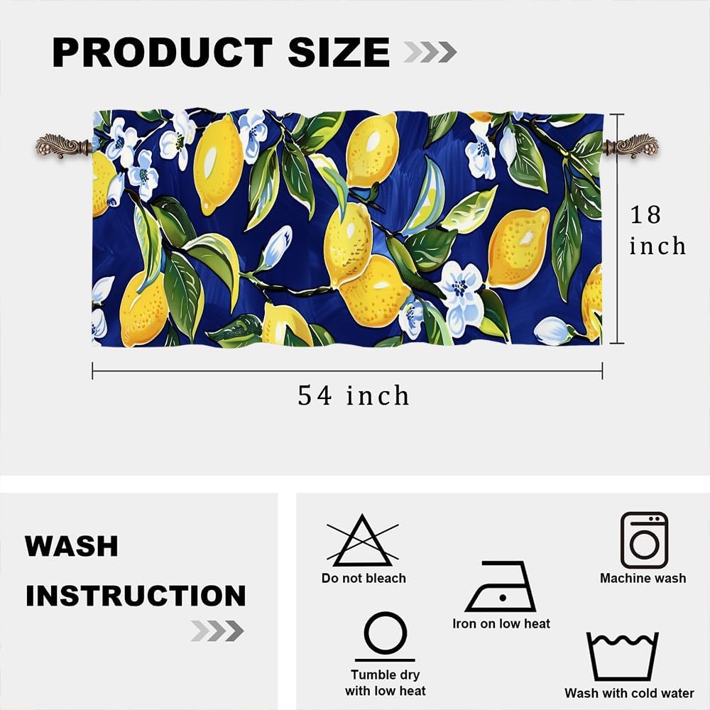 1 Panel Blue Floral Yellow Lemon Window Valances, Nature Food Fruit Window Treatment Decor Curtains Rod Pocket Valances for Kitchen/Living Room, 54" X 18"
