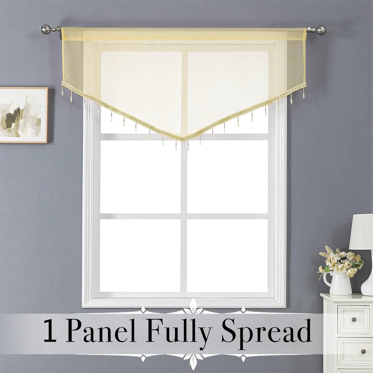 WUBODTI Yellow Sheer Valance Curtains for Living Room Windows, Boho Crystal Beaded Tassel Triangle Kitchen Curtains Lace Swag Curtain Valance for Bedroom Bathroom Door Decor,1PC, W51 x L24