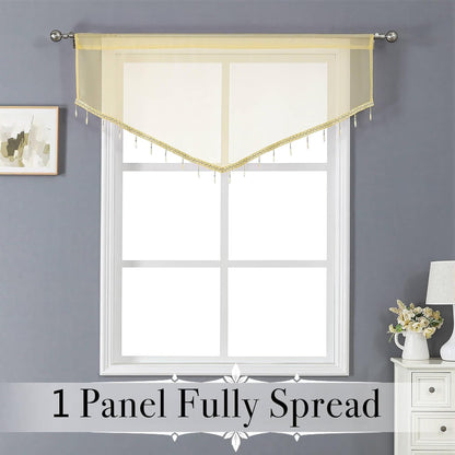WUBODTI Yellow Sheer Valance Curtains for Living Room Windows, Boho Crystal Beaded Tassel Triangle Kitchen Curtains Lace Swag Curtain Valance for Bedroom Bathroom Door Decor,1PC, W51 x L24