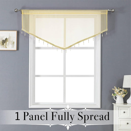 WUBODTI Yellow Sheer Valance Curtains for Living Room Windows, Boho Crystal Beaded Tassel Triangle Kitchen Curtains Lace Swag Curtain Valance for Bedroom Bathroom Door Decor,1PC, W51 x L24