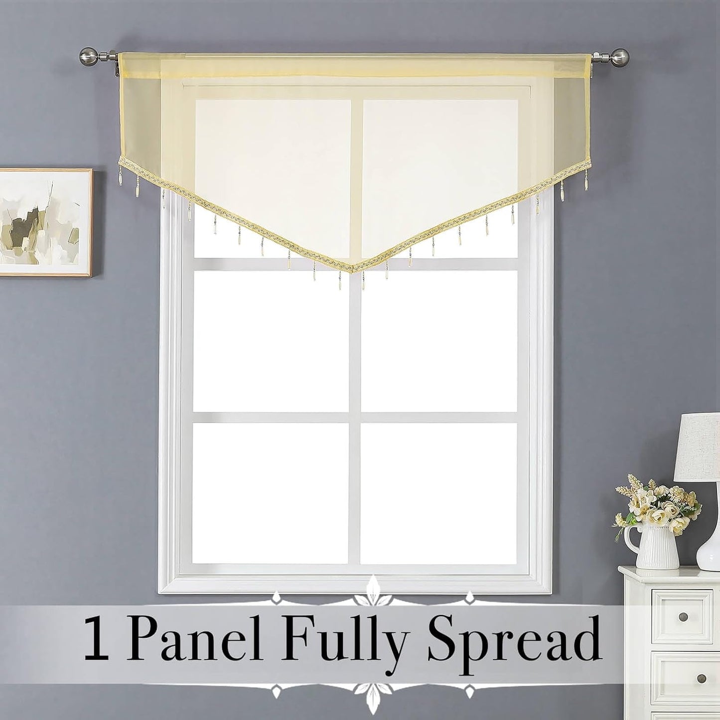 WUBODTI Yellow Sheer Valance Curtains for Living Room Windows, Boho Crystal Beaded Tassel Triangle Kitchen Curtains Lace Swag Curtain Valance for Bedroom Bathroom Door Decor,3PCs, Each W51 x L24
