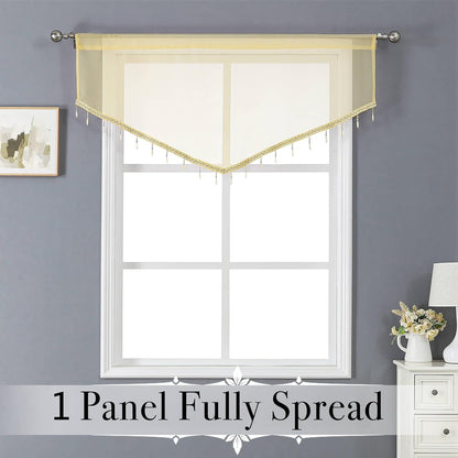 WUBODTI Yellow Sheer Valance Curtains for Living Room Windows, Boho Crystal Beaded Tassel Triangle Kitchen Curtains Lace Swag Curtain Valance for Bedroom Bathroom Door Decor,3PCs, Each W51 x L24