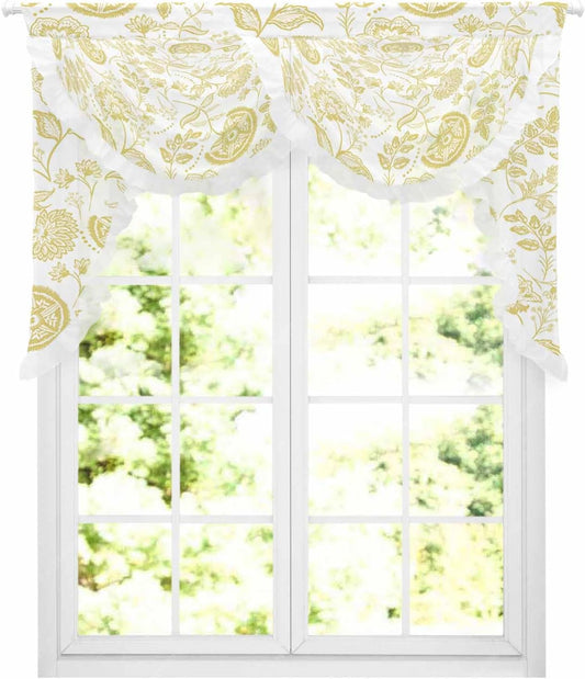 Boho Yellow Floral Swag Waterfall Valances for Living Room Bedroom Kitchen Windows,Vintage Farmhouse Paisley Plant Leaf Semi-Sheer Rod Pocket Curtains Light-filtering Drape with Lace,59"Wx41.3"L