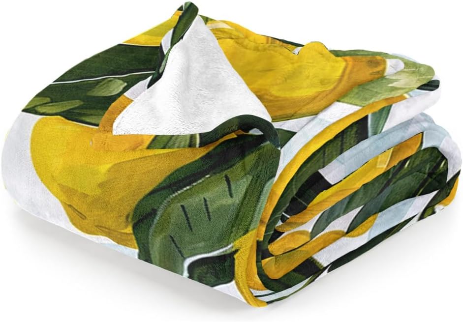 Lemon Throw Blanket, Yellow Fruits Green Leaves Pattern, Decorative Blankets Fuzzy Gifts for Sofa Couch Bedroom (40" x 30")