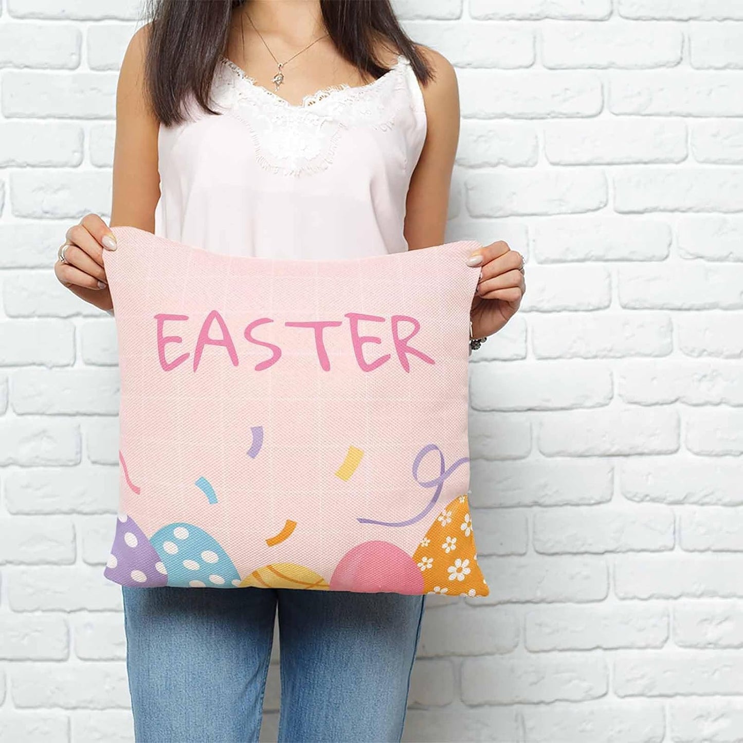 Easter Eggs Throw Pillow Cover Purple Blue Yellow Pink Eggs Light Orange Background Cotton Linen Cushion Cover Throw Pillow Case with Invisible Zipper for Couch Sofa Bed Chair Car 18x18 Inch