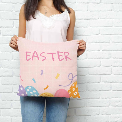 Easter Eggs Throw Pillow Cover Purple Blue Yellow Pink Eggs Light Orange Background Cotton Linen Cushion Cover Throw Pillow Case with Invisible Zipper for Couch Sofa Bed Chair Car 18x18 Inch