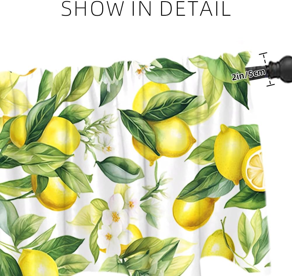 Yongqian 18x54inch Lemon Fruit Window Treatment Valance Watercolor Print Green Leaves Yellow Lemon Window Valance with Rod Pocket Kitchen Dining Room Decoration