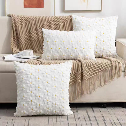 Farmhouse Throw Pillow Cover Yellow White Daisy - 18 x 18 Inch Plush Faux Fur Jacquard Cushion Cover - Set of 2 Artificial fur Embroidery Flower Cushion Case for Livingroom Bed Couch Decor